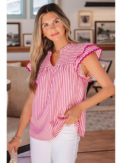 Cotton Viscose Mix Rose Stripe Shirred Yoke Ruffled Short Sleeve Blouse
