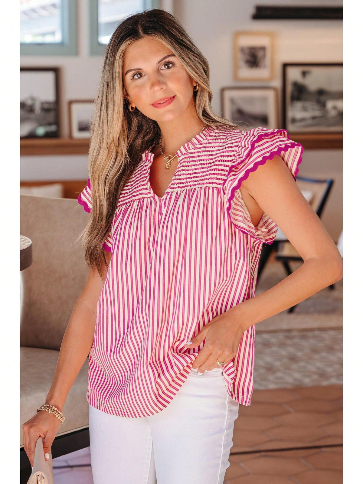 Cotton Viscose Mix Rose Stripe Shirred Yoke Ruffled Short Sleeve Blouse