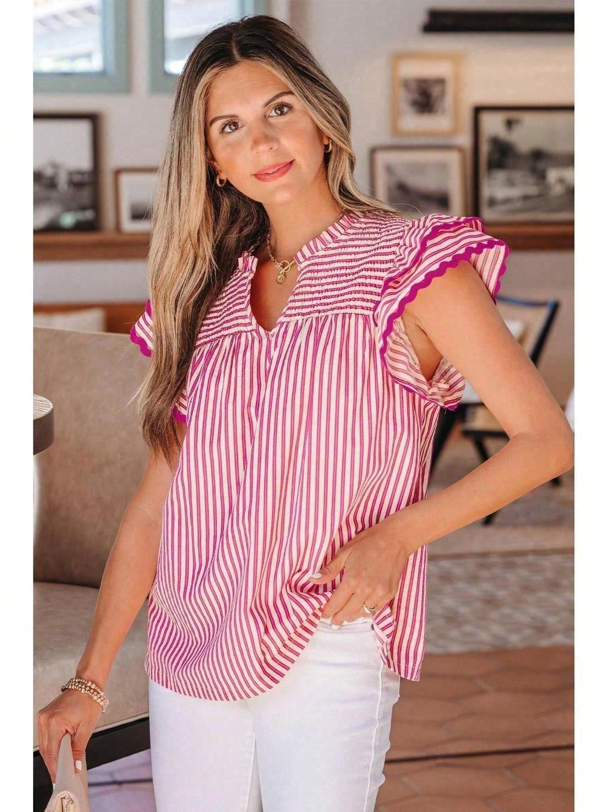 Cotton Viscose Mix Rose Stripe Shirred Yoke Ruffled Short Sleeve Blouse