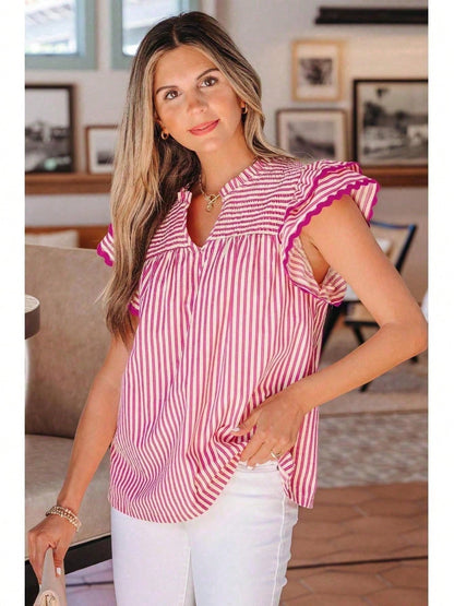 Cotton Viscose Mix Rose Stripe Shirred Yoke Ruffled Short Sleeve Blouse