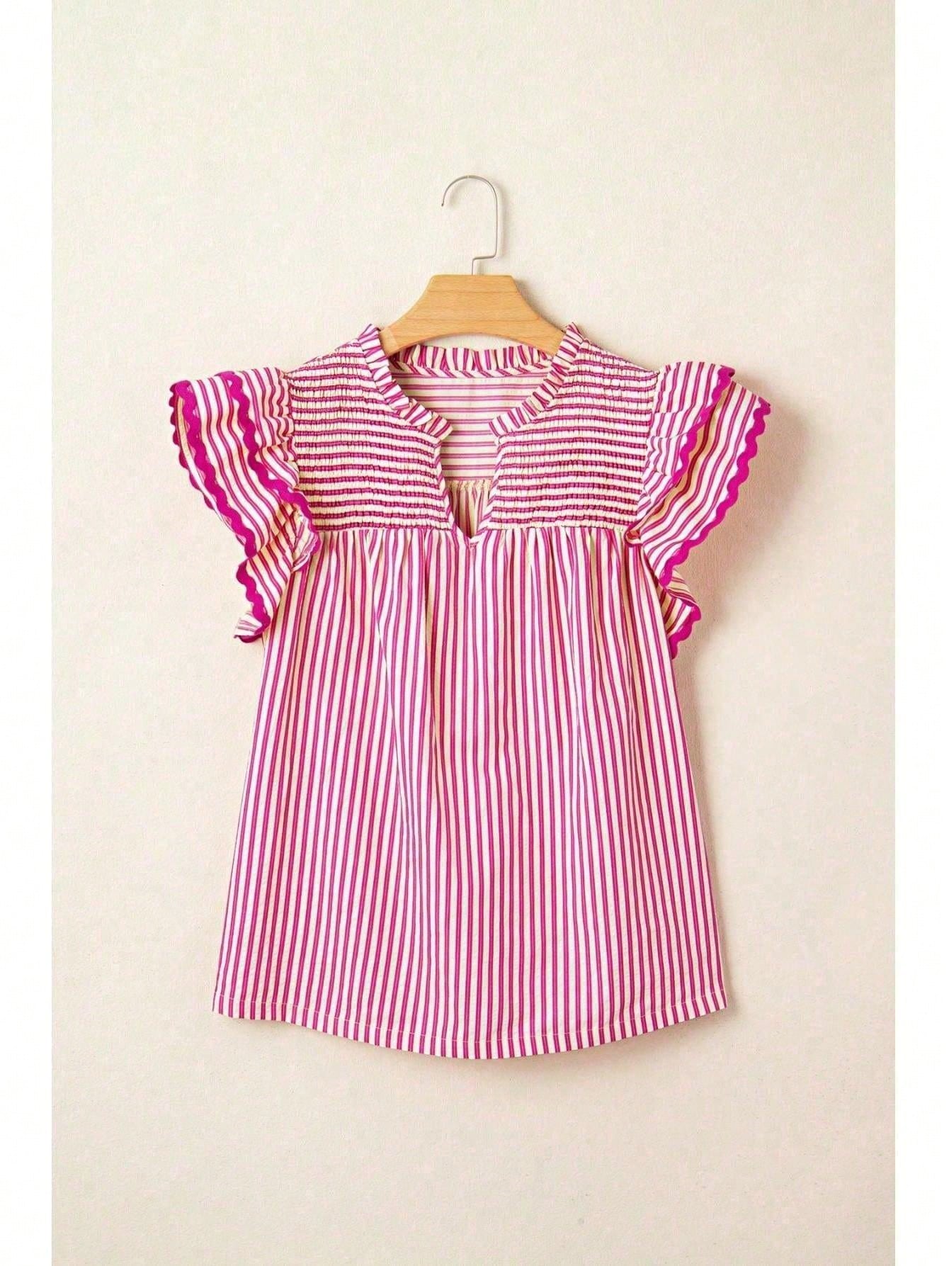 Cotton Viscose Mix Rose Stripe Shirred Yoke Ruffled Short Sleeve Blouse
