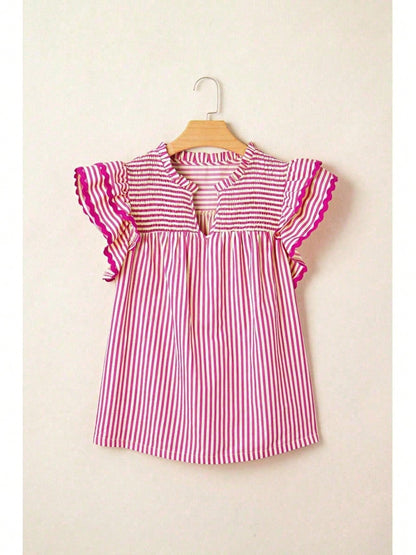 Cotton Viscose Mix Rose Stripe Shirred Yoke Ruffled Short Sleeve Blouse