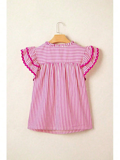 Cotton Viscose Mix Rose Stripe Shirred Yoke Ruffled Short Sleeve Blouse