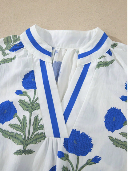 Cotton Mint Green Striped V Neck Collared Bubble Sleeve Blouse