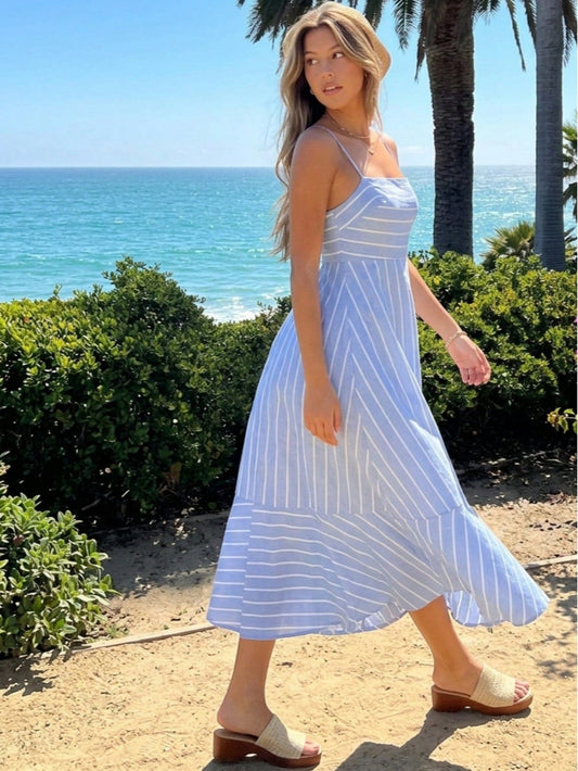 Cotton Stripe Nautical Tie Contrast Tea Long Length Smocked Back Dress
