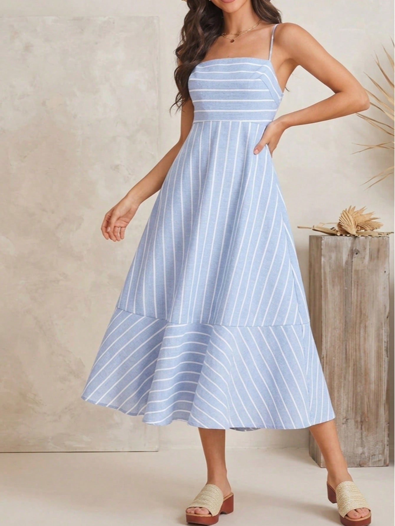 Cotton Stripe Nautical Tie Contrast Tea Long Length Smocked Back Dress