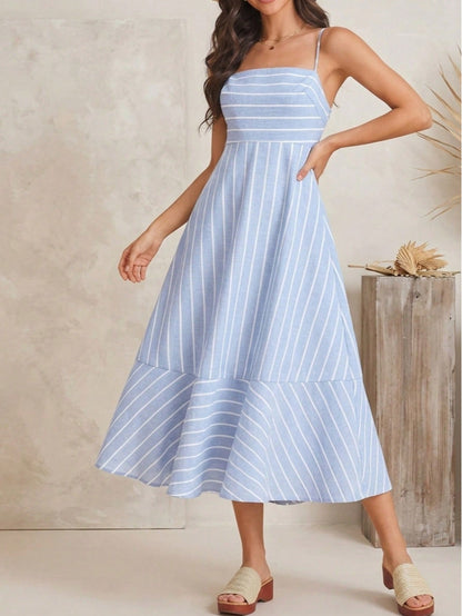 Cotton Stripe Nautical Tie Contrast Tea Long Length Smocked Back Dress