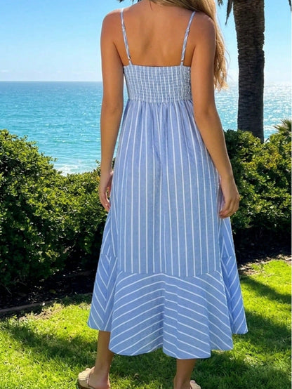 Cotton Stripe Nautical Tie Contrast Tea Long Length Smocked Back Dress
