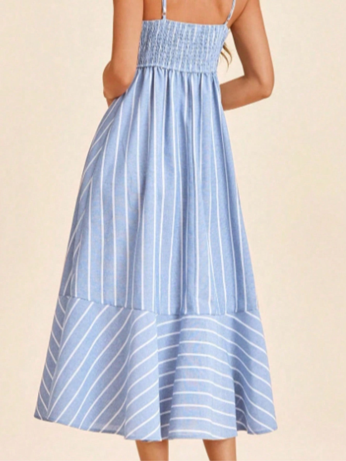 Cotton Stripe Nautical Tie Contrast Tea Long Length Smocked Back Dress