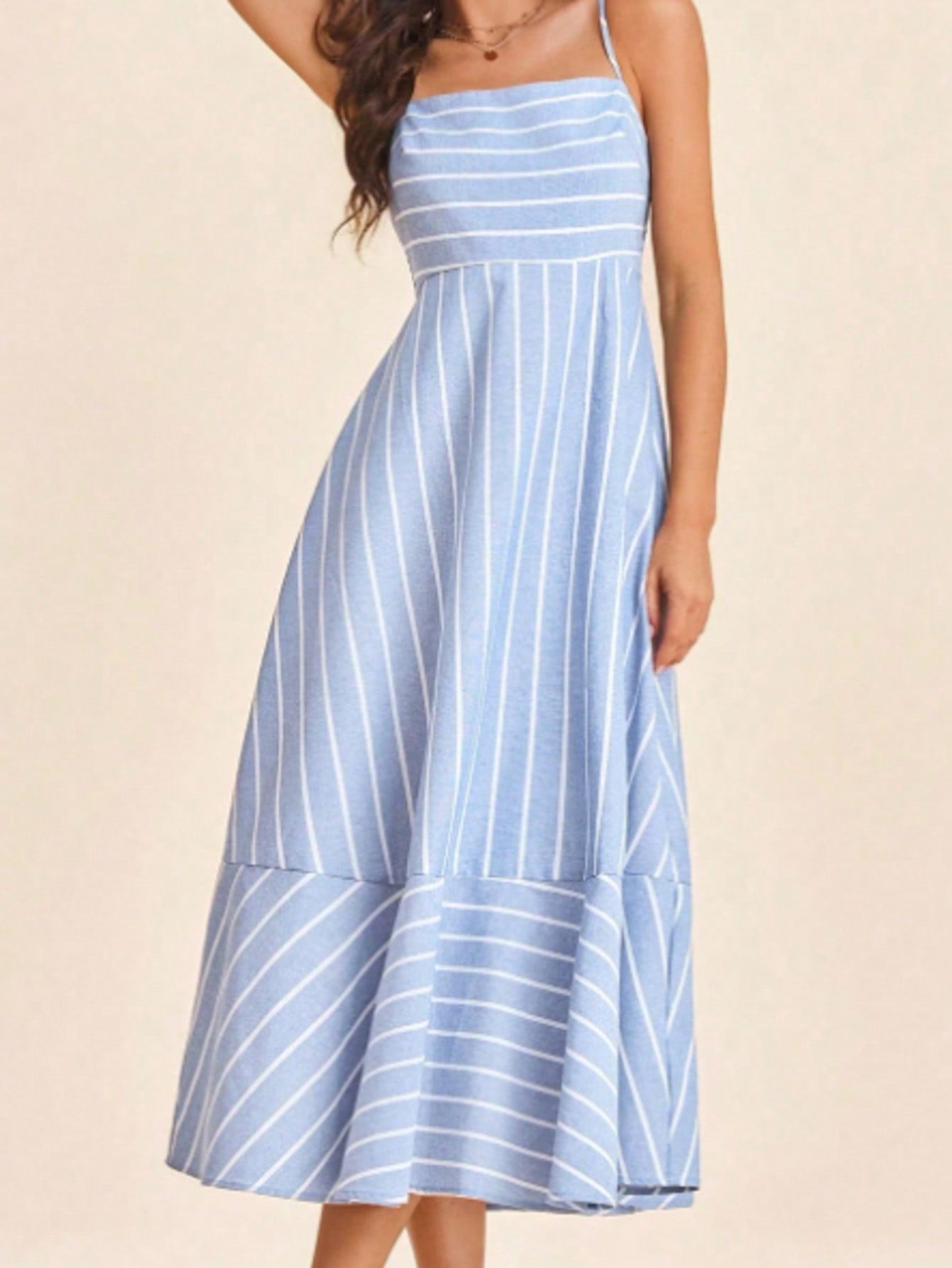 Cotton Stripe Nautical Tie Contrast Tea Long Length Smocked Back Dress