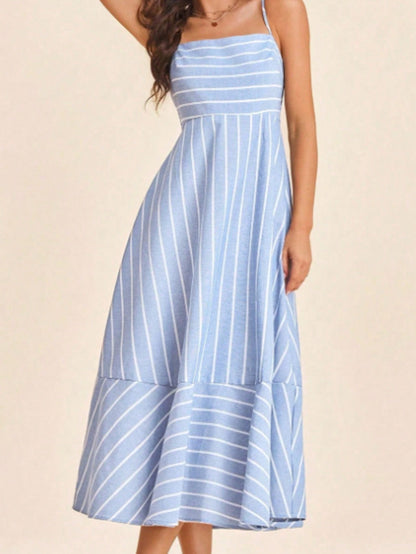Cotton Stripe Nautical Tie Contrast Tea Long Length Smocked Back Dress