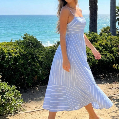 Cotton Stripe Nautical Tie Contrast Tea Long Length Smocked Back Dress