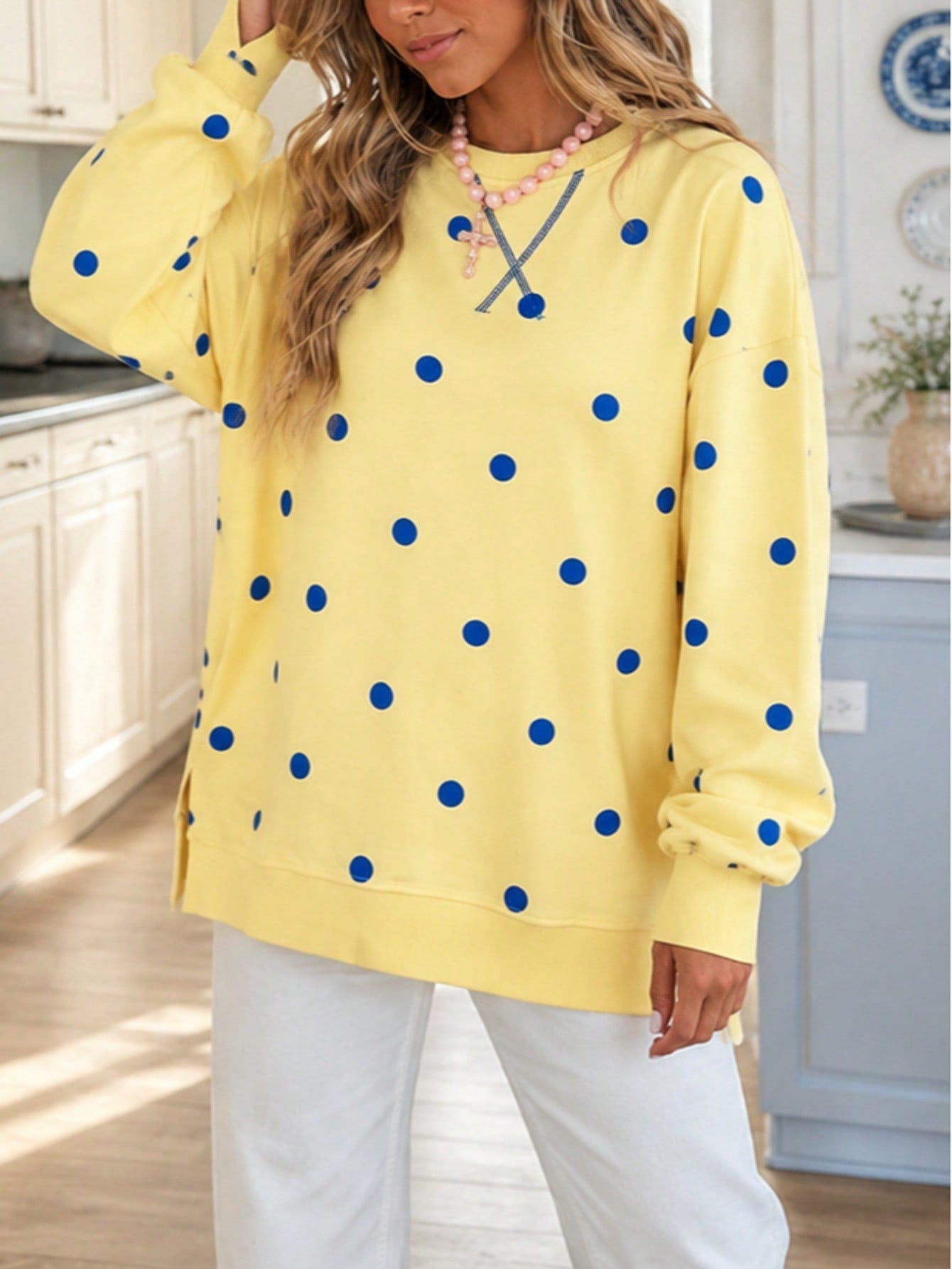 Boho Retro 90's Mix Dot  Drop Shoulder Oversized Side Slit Dolman Shirt Top  Sweatshirt Pullover
