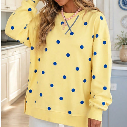 Boho Retro 90's Mix Dot  Drop Shoulder Oversized Side Slit Dolman Shirt Top  Sweatshirt Pullover