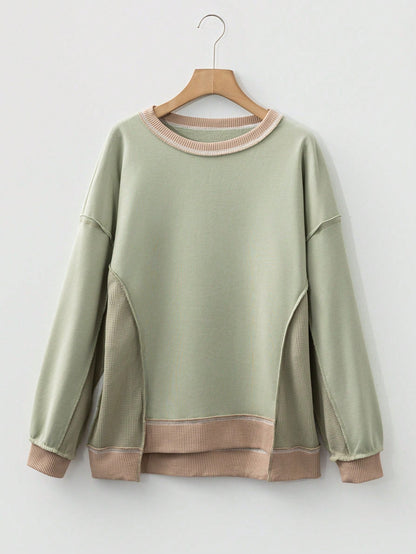 Boho Retro 90's Cotton Solid Patch Oversized Textured Knit Top Sweat Shirt Pullover
