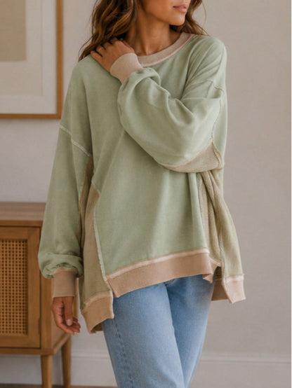 Boho Retro 90's Cotton Solid Patch Oversized Textured Knit Top Sweat Shirt Pullover
