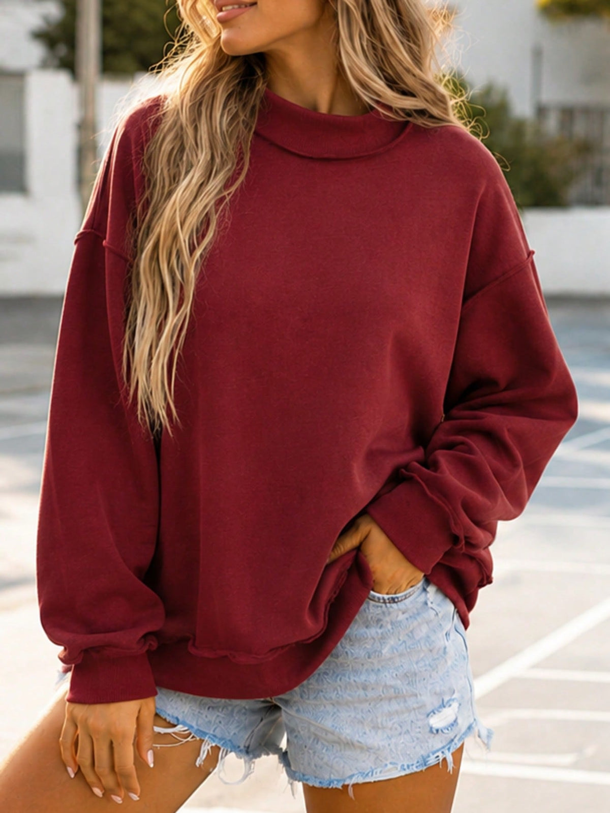 Mock Neck Boho Retro 60's Cotton Drop Shoulder Mock Neck Oversized Mock Neck DolmanTop  SweatShirt