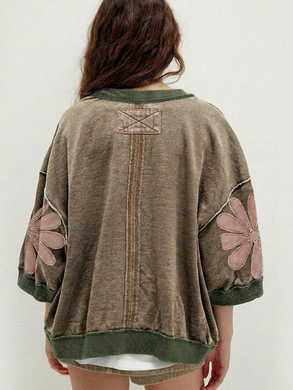 Boho Retro Cotton Mix  Drop Shoulder Mineral Acid Washed Oversized  Raw Seam Patchwork Flower Patched 3/4 Sleeve Oversize Top