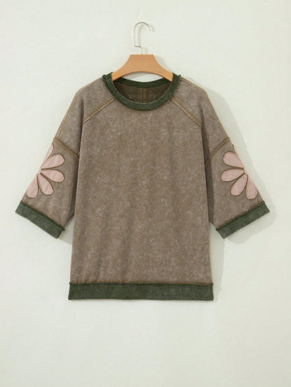 Boho Retro Cotton Mix  Drop Shoulder Mineral Acid Washed Oversized  Raw Seam Patchwork Flower Patched 3/4 Sleeve Oversize Top