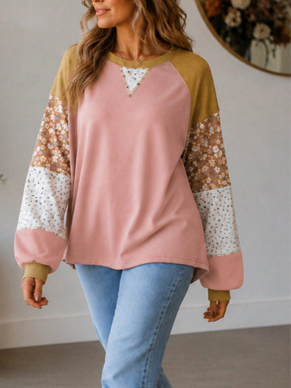 Boho Retro Vintage 60's Vibe Pink Cotton Raglan Lantern Bubble Puff  Sleeve  Floral Top