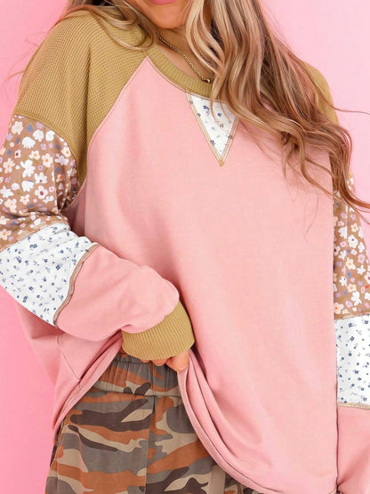 Boho Retro Vintage 60's Vibe Pink Cotton Raglan Lantern Bubble Puff  Sleeve  Floral Top