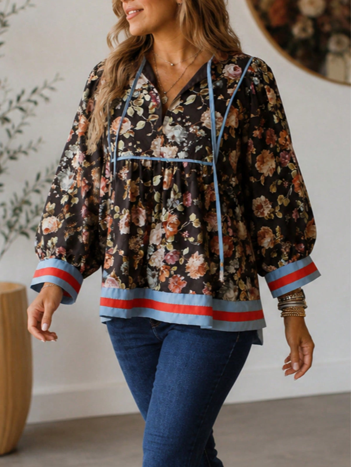 Boho Retro Floral Panel Cotton V Neck Half Sleeve Loose Top Shirt Blouse