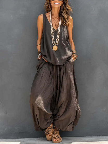 Women’s Cotton Linen Sleeveless Tank Top and Wide-Leg Pants Set