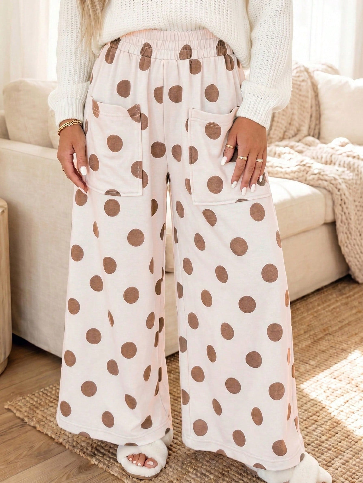Pocket Polka Dot  Wide Leg Lounge Vintage Charcoal Navy Black Sage Log Pants Small To 3 XL Plus