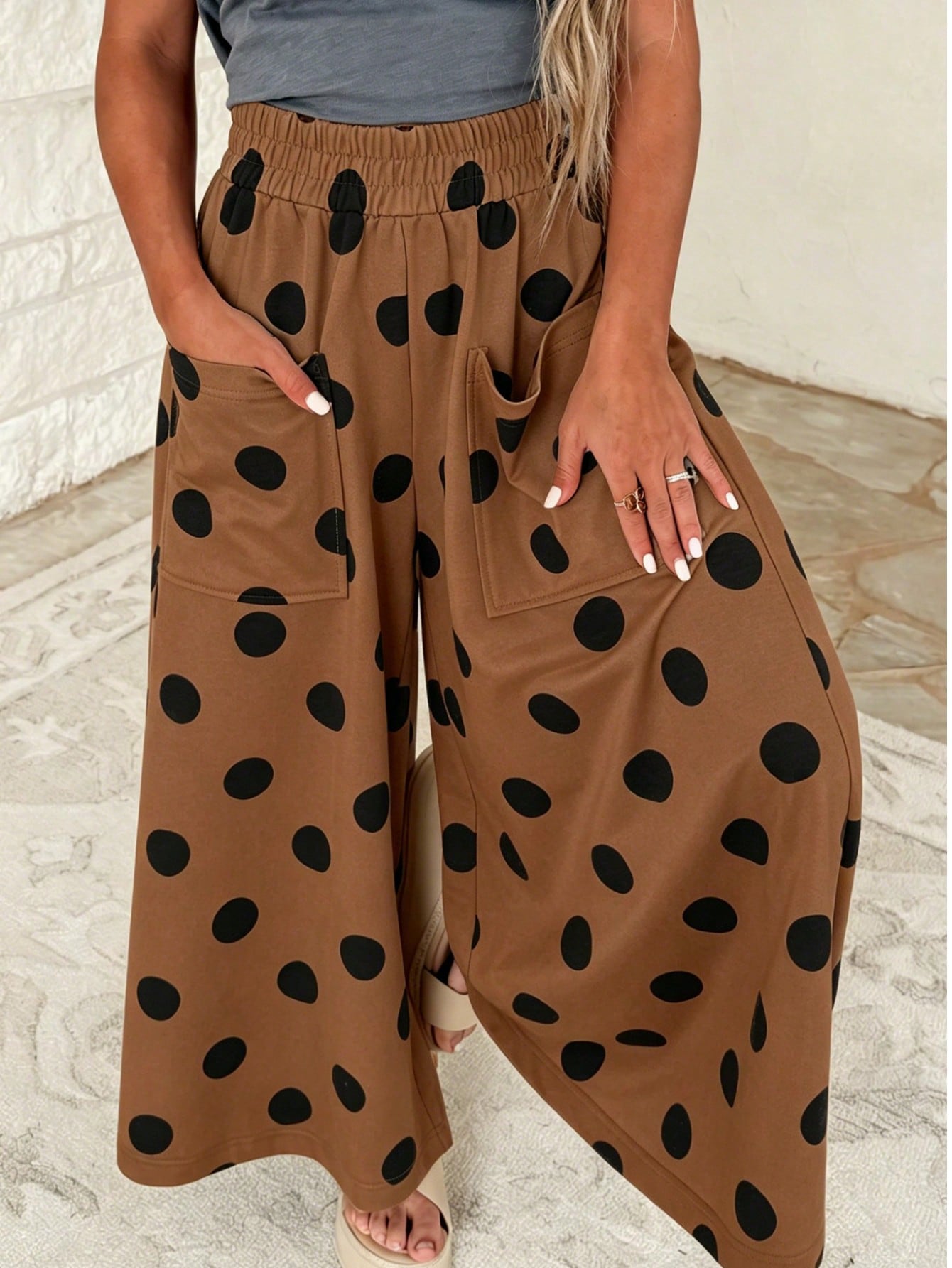Pocket Polka Dot  Wide Leg Lounge Vintage Charcoal Navy Black Sage Log Pants Small To 3 XL Plus