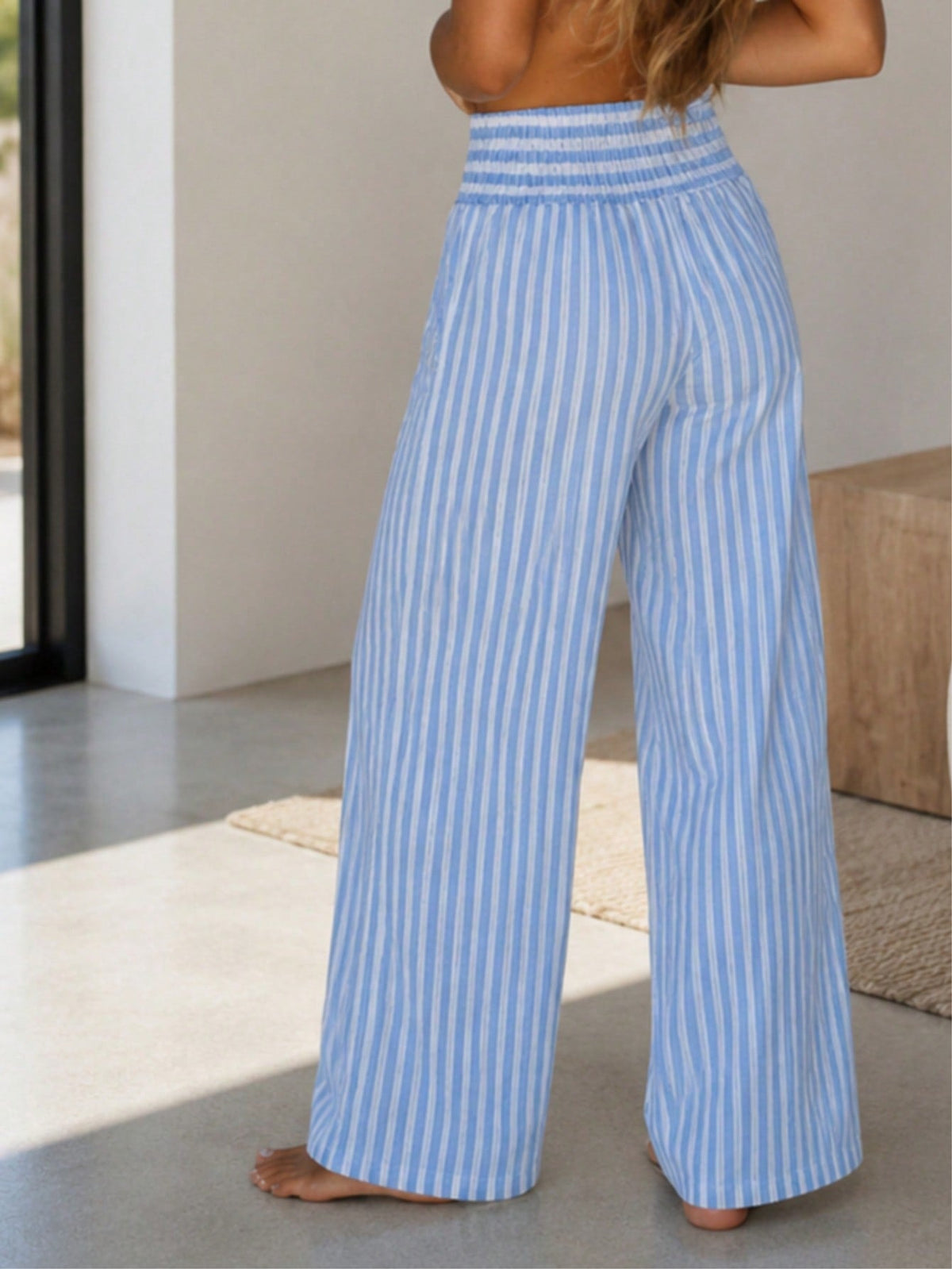 Boho Retro Blue Stripe Shirred High Waist Loos Band Wide Leg Lounge Pants