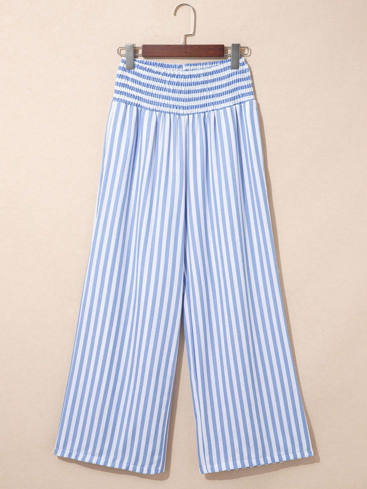 Boho Retro Blue Stripe Shirred High Waist Loos Band Wide Leg Lounge Pants