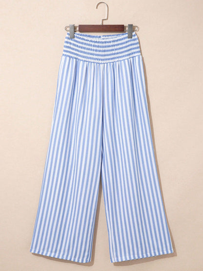 Boho Retro Blue Stripe Shirred High Waist Loos Band Wide Leg Lounge Pants