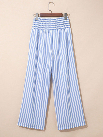 Boho Retro Blue Stripe Shirred High Waist Loos Band Wide Leg Lounge Pants