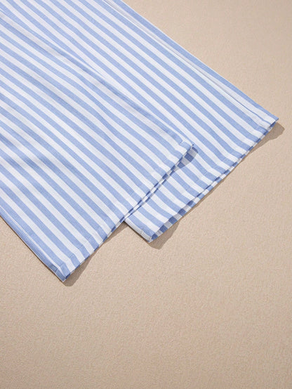 Boho Retro Blue Stripe Shirred High Waist Loos Band Wide Leg Lounge Pants
