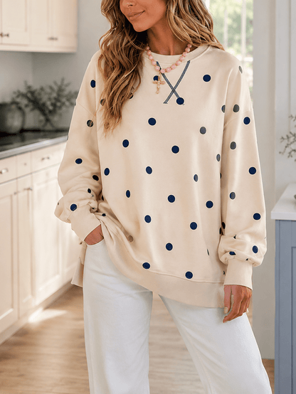 Boho Retro 90's Mix Dot  Drop Shoulder Stripe Raglan Oversized Side Slit Top  Sweatshirt Pullover