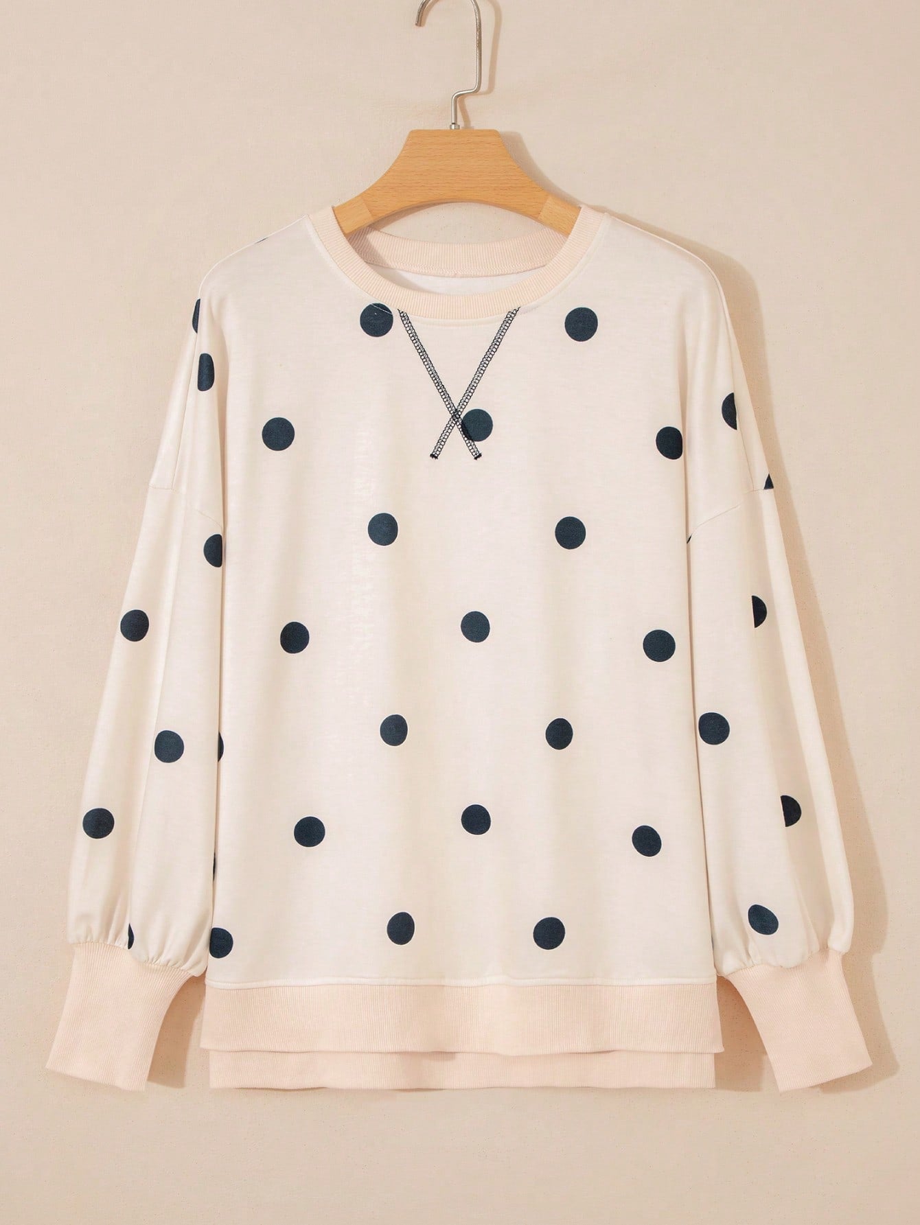 Boho Retro 90's Mix Dot  Drop Shoulder Stripe Raglan Oversized Side Slit Top  Sweatshirt Pullover