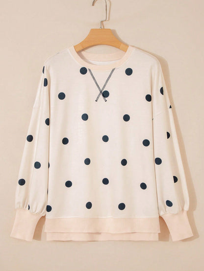 Boho Retro 90's Mix Dot  Drop Shoulder Stripe Raglan Oversized Side Slit Top  Sweatshirt Pullover