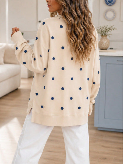 Boho Retro 90's Mix Dot  Drop Shoulder Stripe Raglan Oversized Side Slit Top  Sweatshirt Pullover