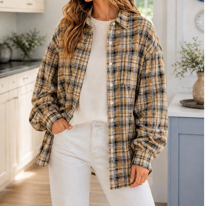 Boho Retro Cotton Mineral Wash  Plaid Corduroy Button Patchwork Pocket Loose  Oversized Shacket Cardigan Shirt