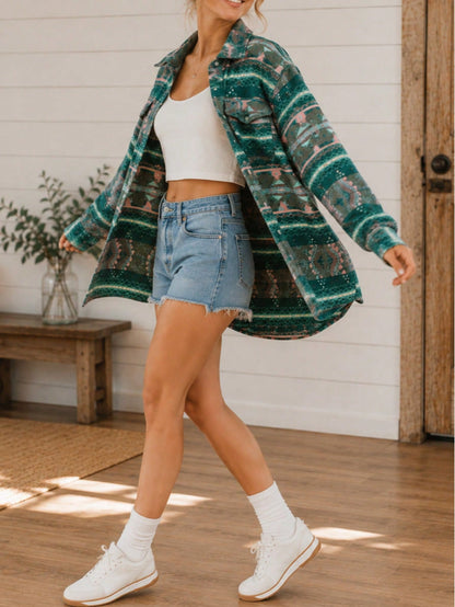 Boho Retro Green Western  Drop Shoulder Brushed Pocket Front Button Up Plaid Mustard Mint Burgundy  Oversized Shacket Cardigan