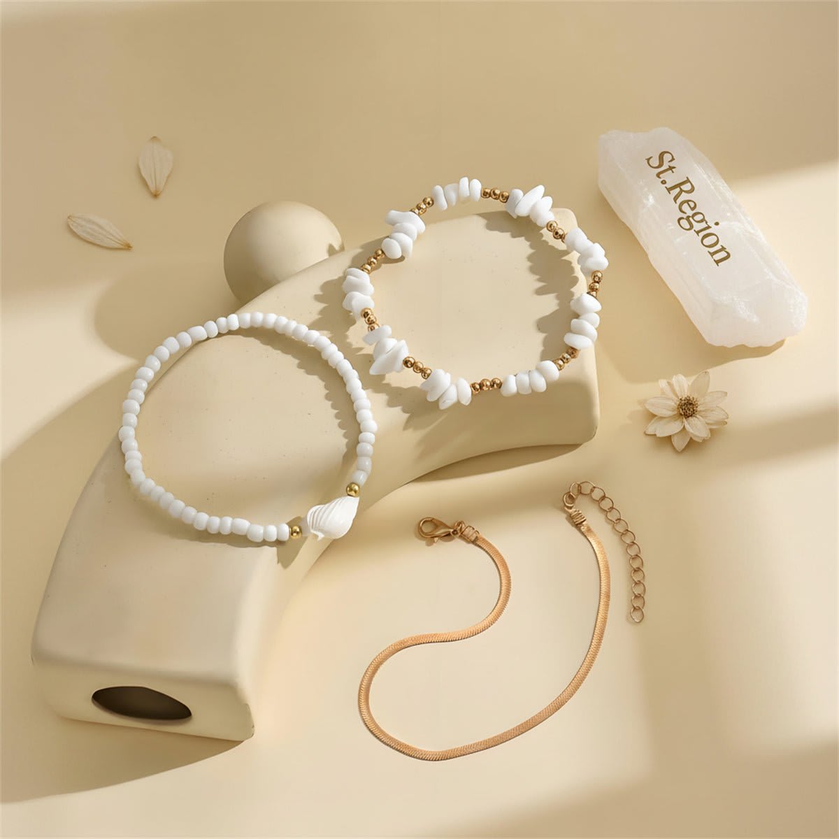 White Turqouise & Howlite Shell Goldtone Stretch Anklet Set