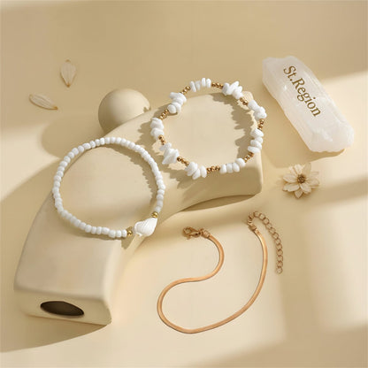 White Turqouise & Howlite Shell Goldtone Stretch Anklet Set