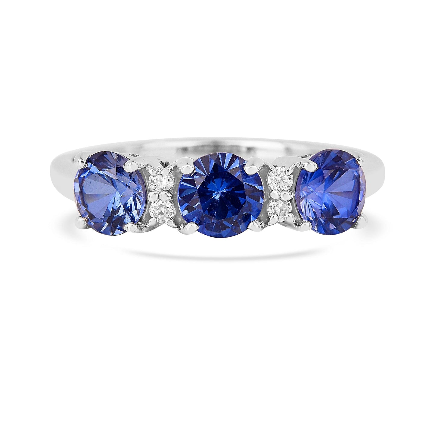 1.65 Ct Round Created Ceylon Blue Sapphire Prong Silver Three Stone Ring