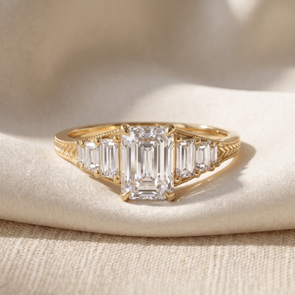 Octagon Sapphire, Emerald, Ruby and Lab Diamond 14K Yellow Gold Tapered Band Engagement Ring