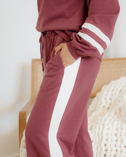 Jordyn Varsity Stripe  Drawstring Wide Leg Pant Set - Mineral Red