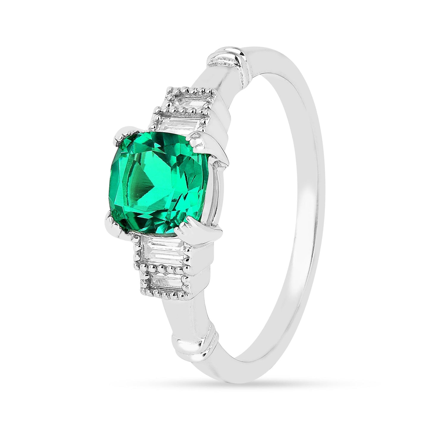 1.14 Ct Cushion Green Colombian Lab Created Emerald and Moissanite Prong Silver Five Stone Ring