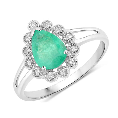 1.10 Ct Pear Green Zambian Emerald Diamond V-Prong 10k Gold Halo Statement Ring