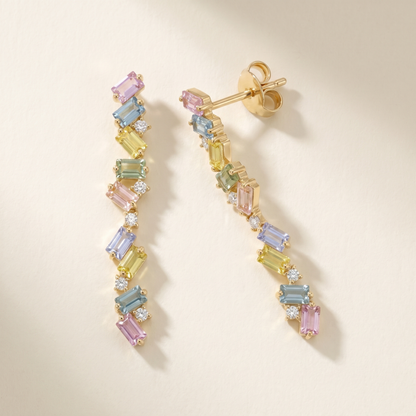 IGI Certified 2 Ct Multi Color Unheated Sapphire and Diamond 14K Yellow Gold Linear Drop Earrings