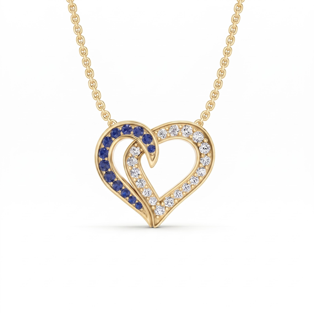 0.64 Cttw Round Blue Sapphire and Lab Grown Diamond 14K Gold Pave Open Heart Pendant Necklace
