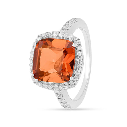 3.82 Ct Cushion Lab Created Peach Sapphire and Moissanite Prong Silver Halo Statement Ring